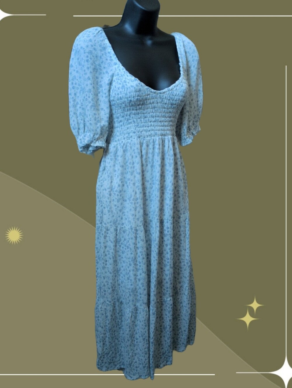 ✨Nwt Abercrombie & Fitch light blue floral ruched or smocked midi dress size s